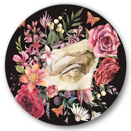 Designart - Greek Sculpture David Eye With Dried Wildflowers - Farmhouse Metal Circle Wall Art